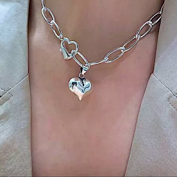 Sterling Silver Heart Chain Link Necklace Bracelet Matching Set - Picture 5 of 9